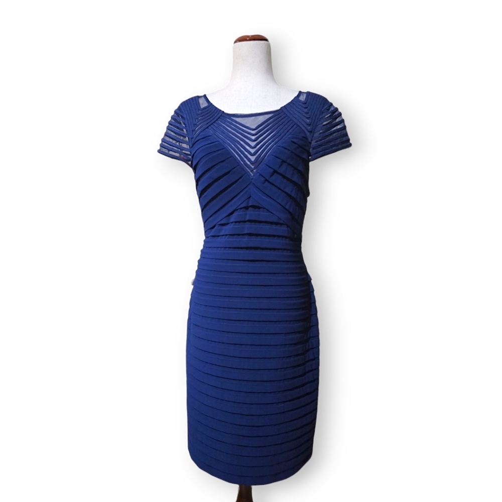 Adrianna Papell Navy Blue Shutter Pleat Sheath Illusion Cocktail Party Dress, 16